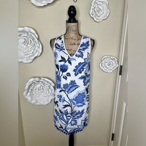 Entro Sleeveless White & Blue Floral Pom Pom Hemline Dress Size Large